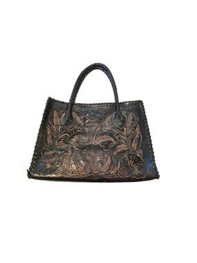 VERY BIG Vtg Art with Leather Zippered Tote Bag Black Tan Floral Tooled Western